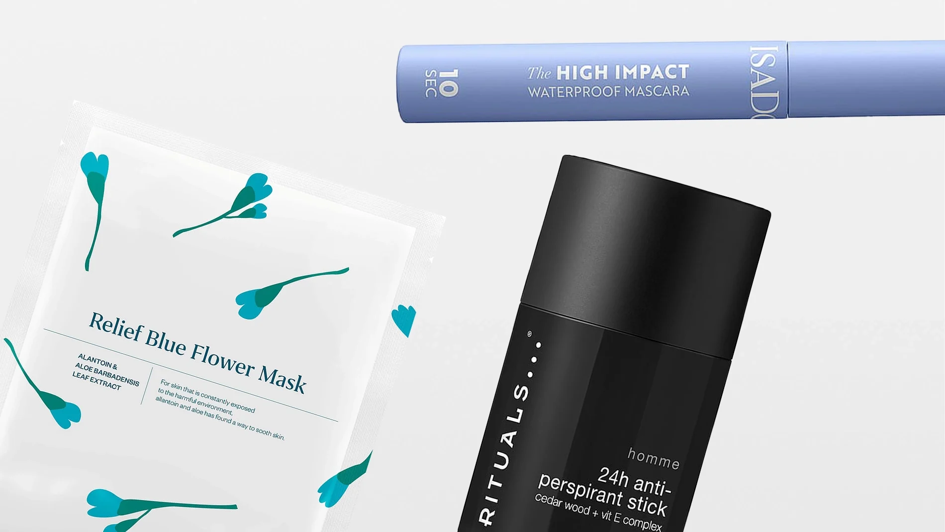 Tre skjønnhetsprodukter på lys bakgrunn: IsaDora “The High Impact Waterproof Mascara”, en pakke med ansiktsmasken “Relief Blue Flower Mask” med blå blomsterillustrasjoner samt RITUALS Homme “24h anti-perspirant stick – Cardamom & Vetiver Complex, 2.5 fl. oz / 75 ml”.
