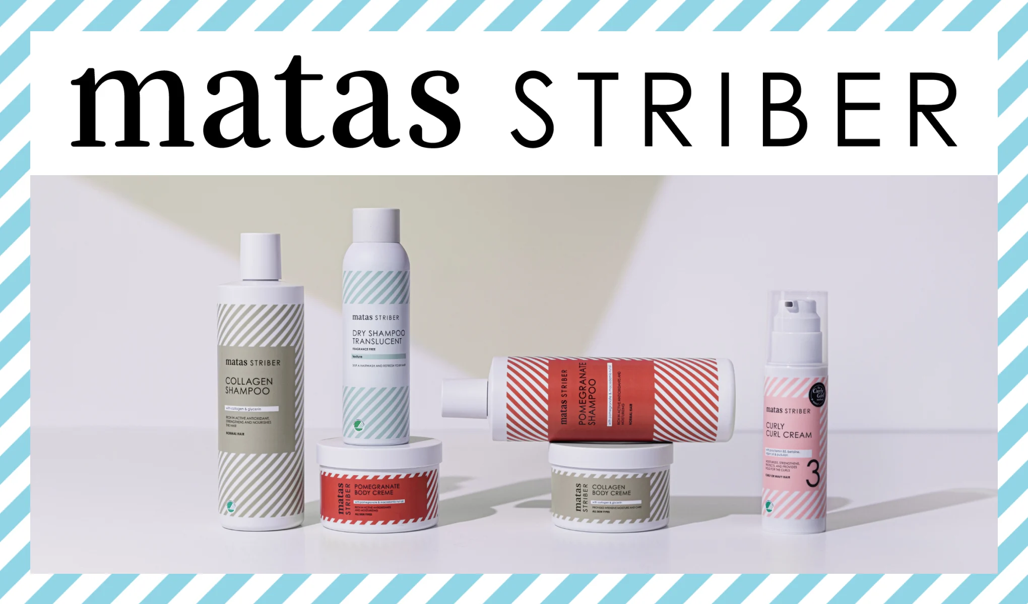 En samling hår- och hudvårdsprodukter från Matas Striber placerade mot en ljus bakgrund. Ovanför produkterna finns texten "matas STRIBER" med en ram av blå och vita diagonala ränder.