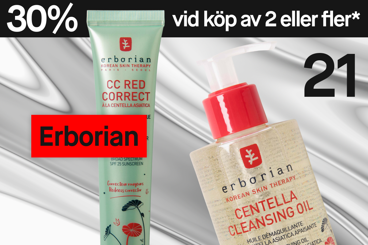 Hudvårdsprodukter från Erborian – CC Red Correct och Centella Cleansing Oil – mot silvergrå bakgrund med text “30% vid köp av 2”.