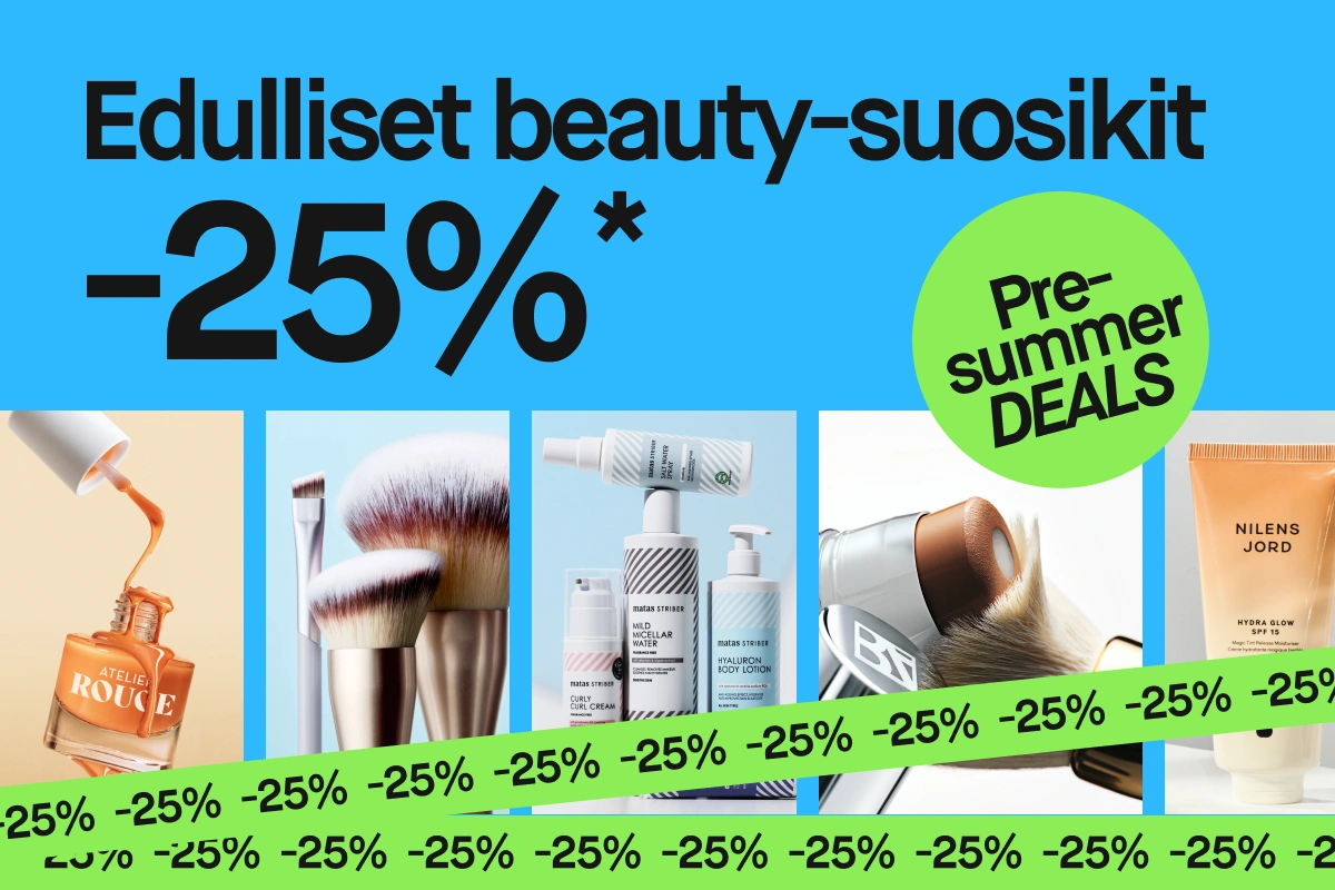Kampanjakuva tekstillä “Prisvärd beauty 25%*” ja vihreä ympyrä “Pre-summer DEALS”, jossa näkyy useita tuotteita kuten “Atelier Rouge” kynsilakka, meikkisiveltimiä, “Matas Striber Mild Micellar Water”, “Hyaluron Body Lotion” ja “Nilens Jord Hydra Glow SPF 15”, osittain vihreän “25%” -nauhan peitossa.