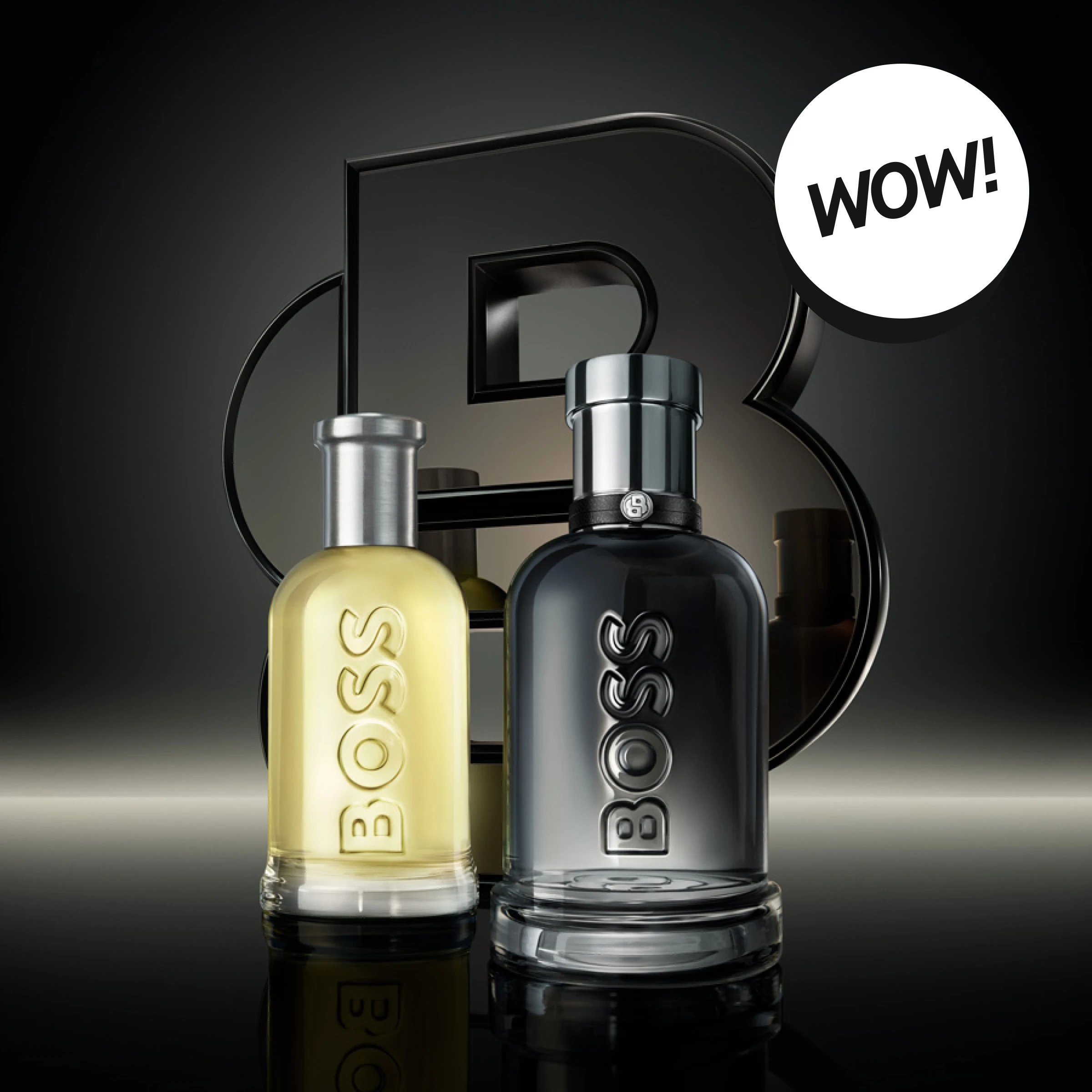 To Hugo Boss-parfymeflasker, én lys og én mørk, mot mørk bakgrunn. Øverst teksten «WOW!».