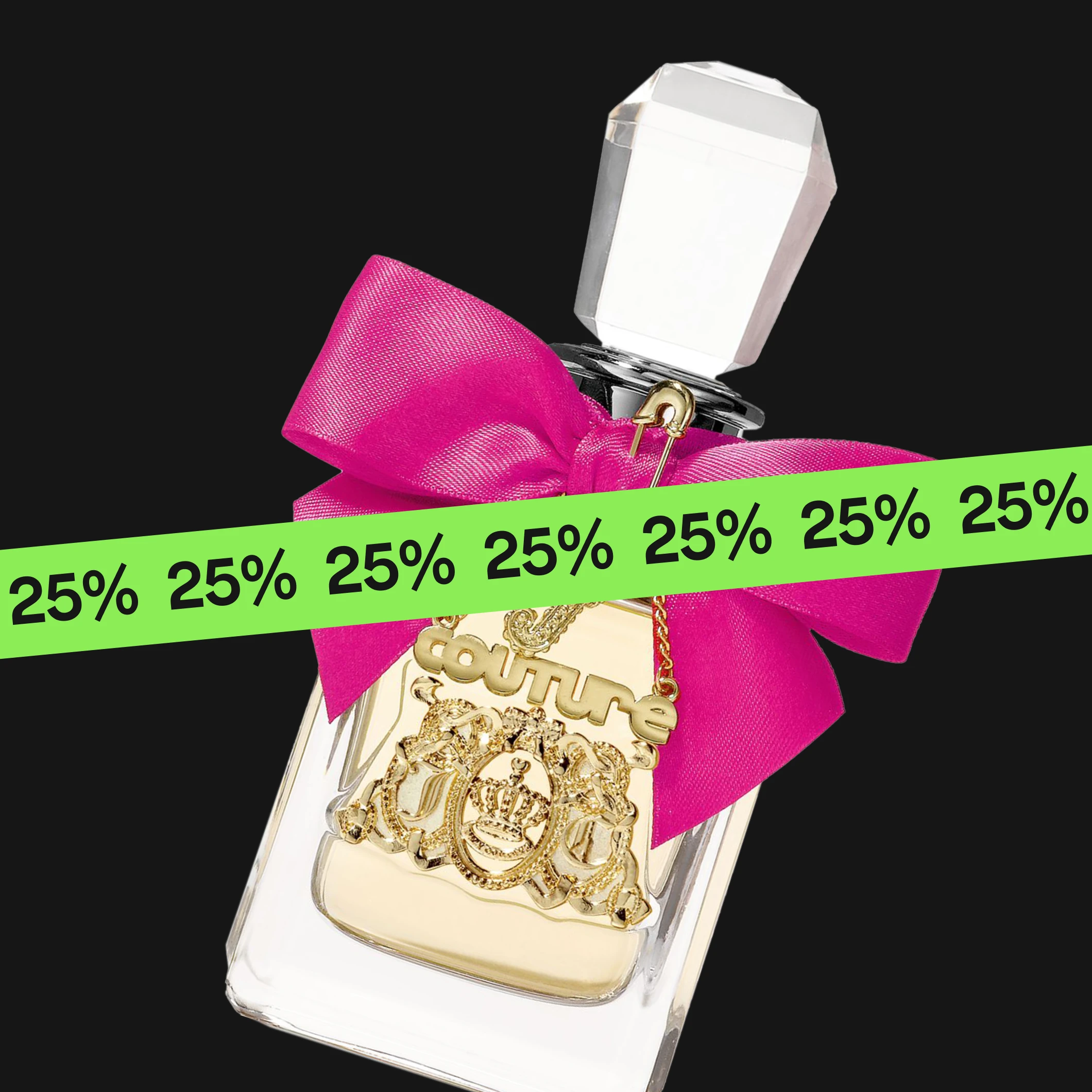 Juicy Couture parfymeflaske med rosa sløyfe og gulldetaljer mot svart bakgrunn, med hengende smykke med teksten "couture" og grønn stripe med "25%".