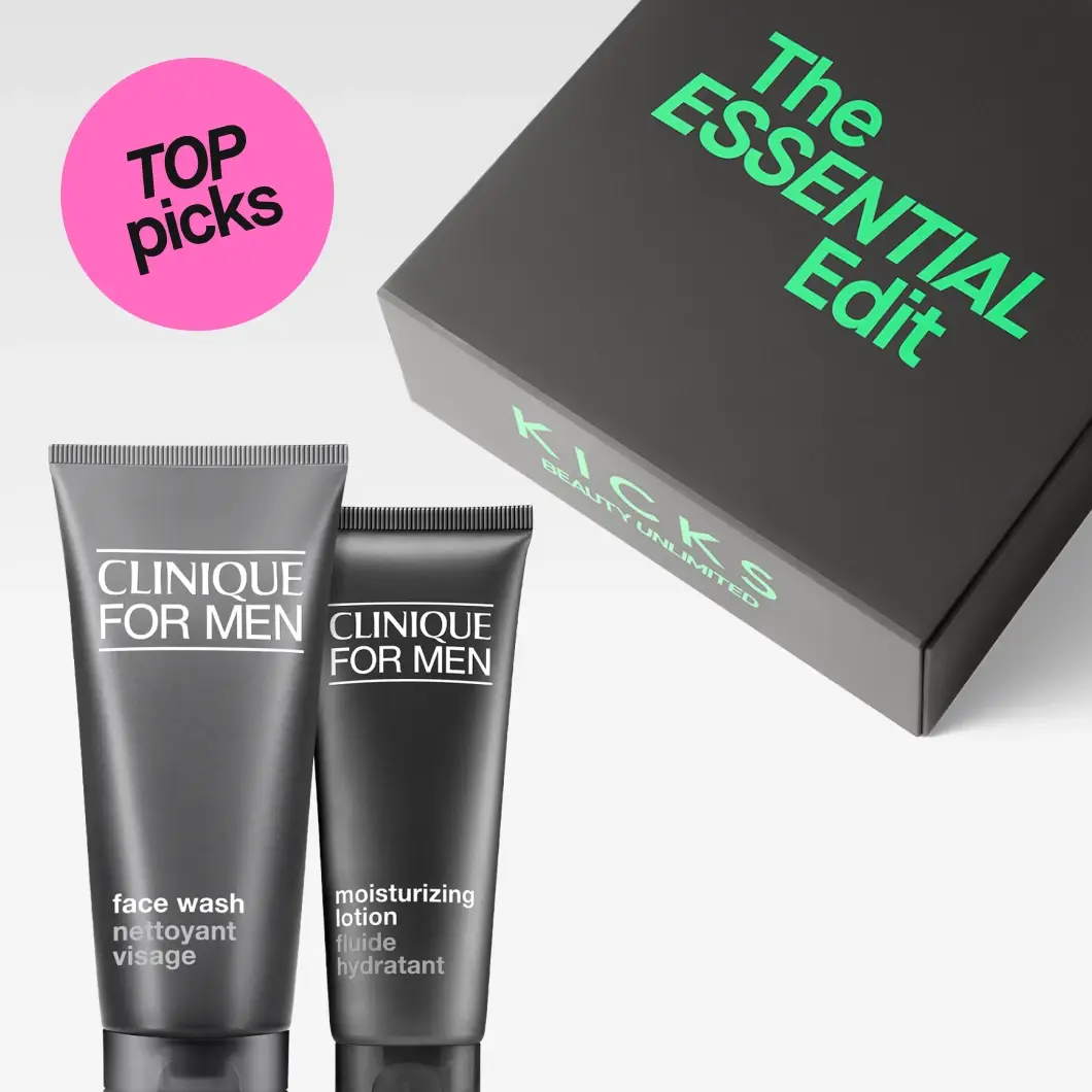 Clinique For Men face wash och moisturizing lotion bredvid en svart KICKS-presentbox med texten ”The ESSENTIAL Edit” och ”KICKS BEAUTY UNLIMITED”. En rosa cirkel har texten ”TOP picks”.