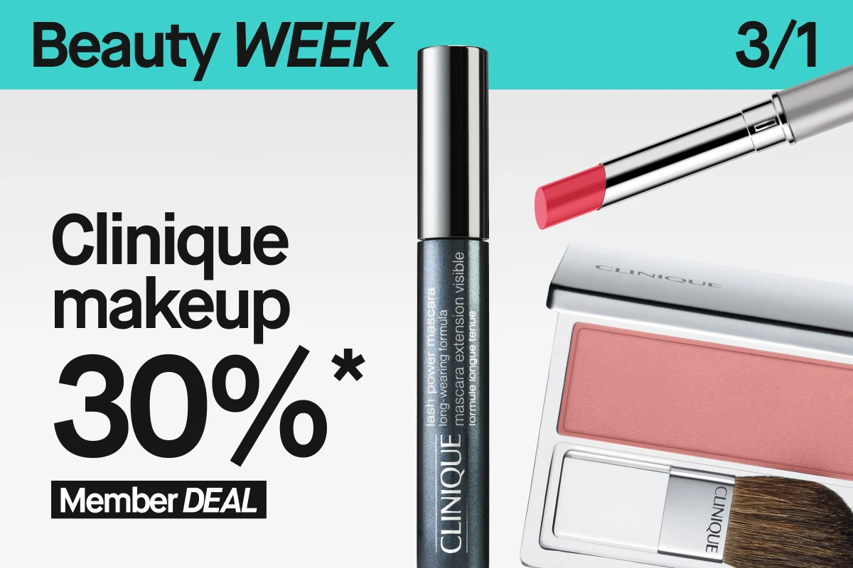 “Clinique sminkkampanj 30% rabatt med Lash Power Mascara, rosa Powder Blush och korallrosa Pop Lipstick på ljus bakgrund.”
