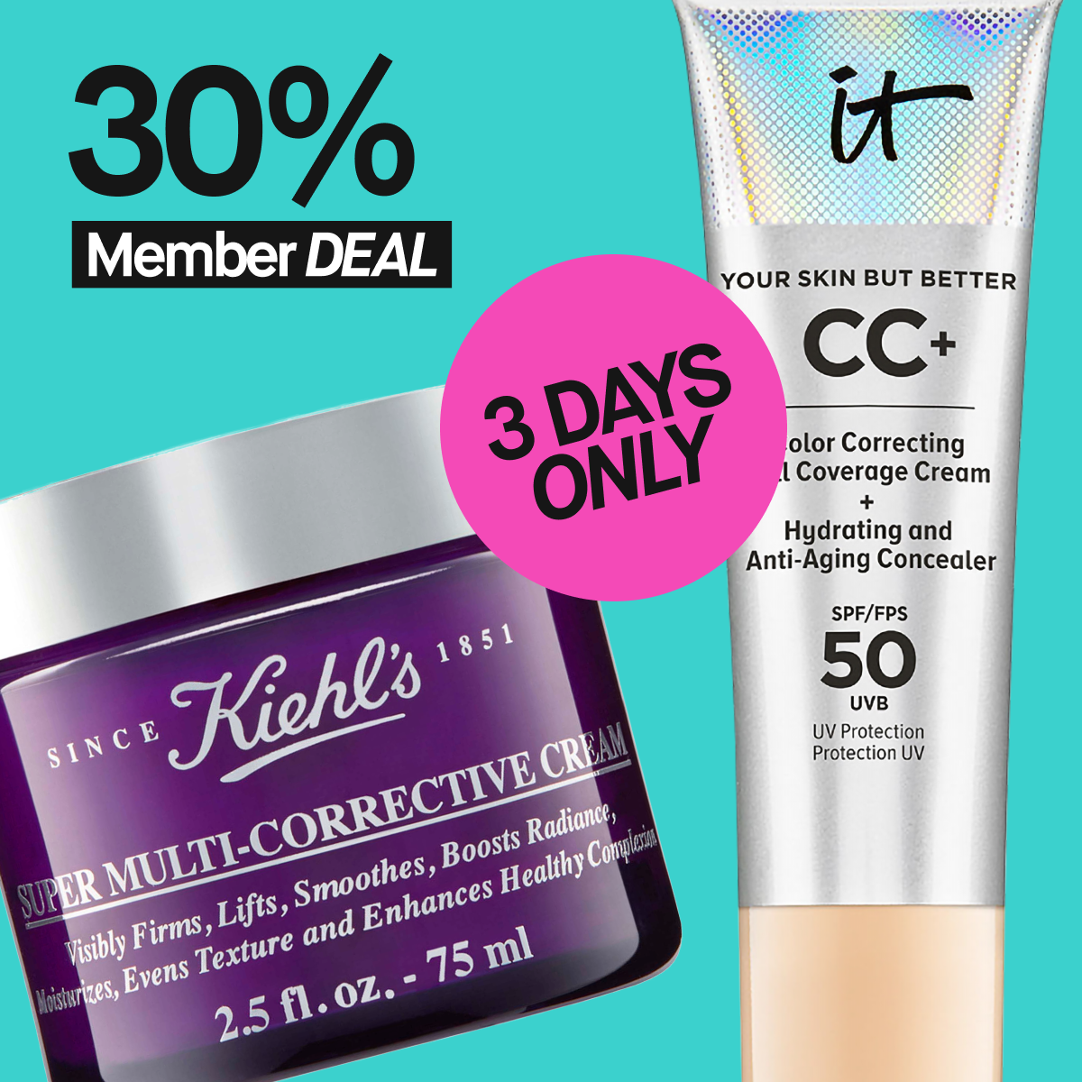 lilla krem fra kiehls, it cosmetic cc cream mot en turkis bakgrunn