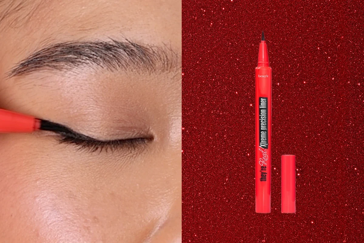 Svart eyeliner appliceras på ett öga, samt Benefit They’re Real Xtreme Precision Liner 2.0 Eyeliner mot röd glittrig bakgrund.