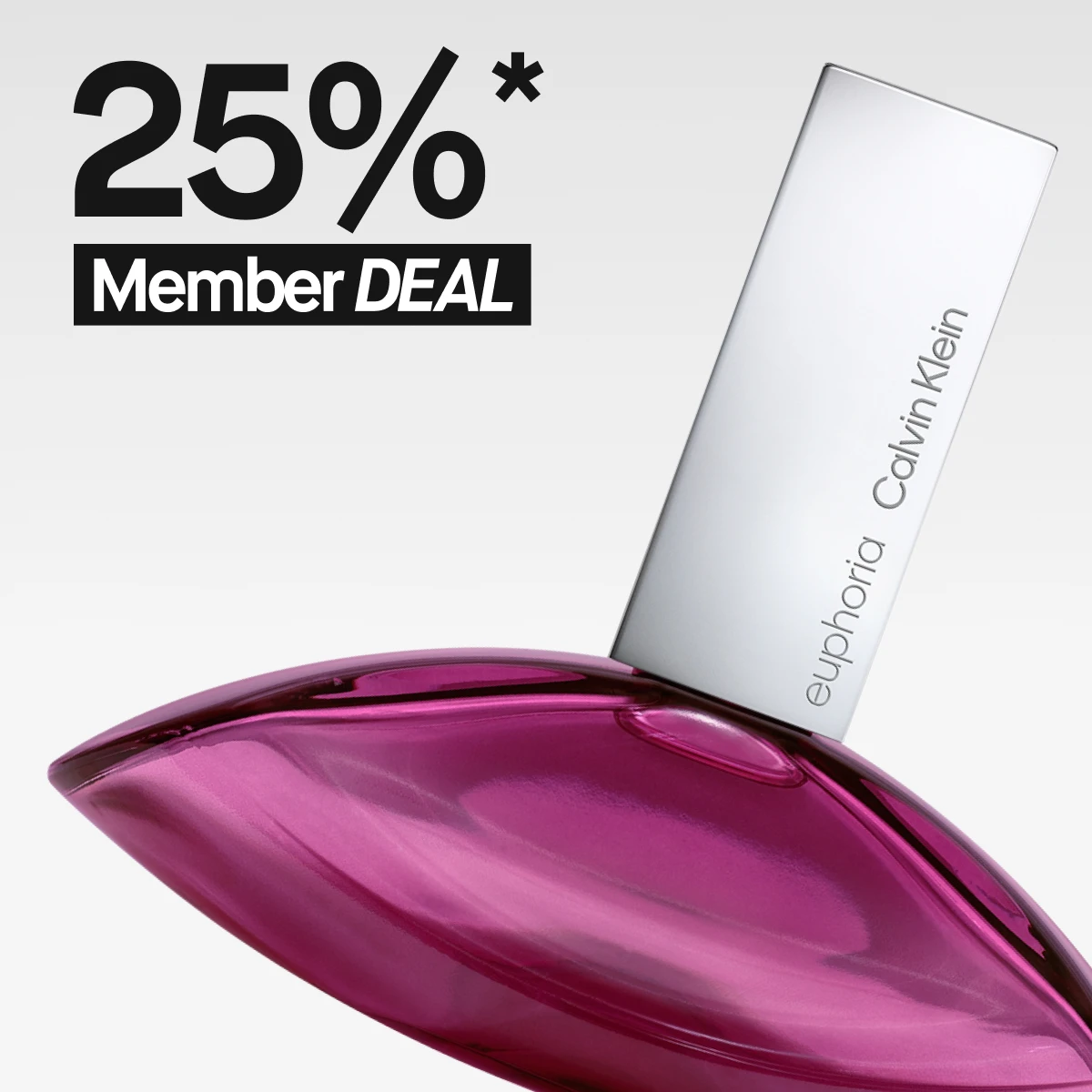 Bild som visar en rosa flaska med Calvin Klein Euphoria parfym. Texten "25% Member DEAL" är synlig. Bakgrunden är vit.