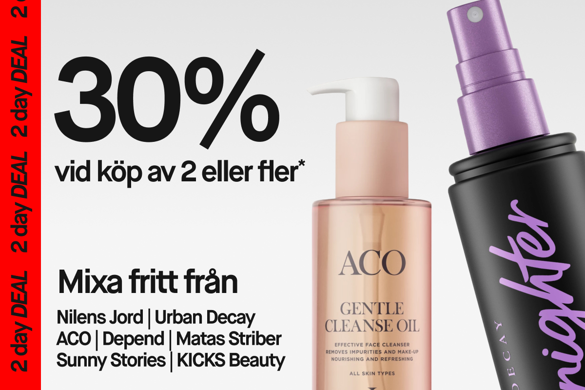 Kampanjgrafik med texten ”30% vid köp av 2 eller fler” och ”Mixa fritt från Nilens Jord, Urban Decay, ACO, Depend, Matas Striber, Sunny Stories och KICKS Beauty”, tillsammans med ACO Gentle Cleanse Oil och Urban Decay All Nighter Setting Spray mot en ljus bakgrund.