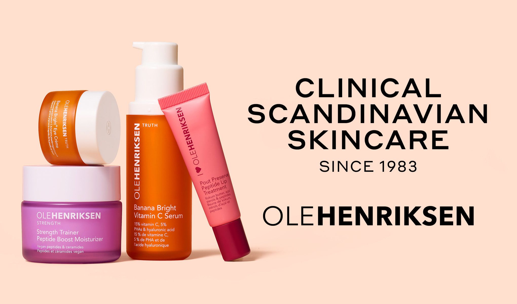 Tre hudpleieprodukter fra Ole Henriksen Balance+ Collection med grønne og oransje emballasjer, omgitt av skum. Teksten på bildet sier "Visibly clearer skin in 1 week".