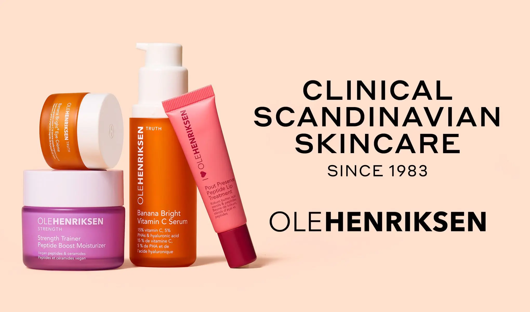Tre hudpleieprodukter fra Ole Henriksen Balance+ Collection med grønne og oransje emballasjer, omgitt av skum. Teksten på bildet sier "Visibly clearer skin in 1 week".