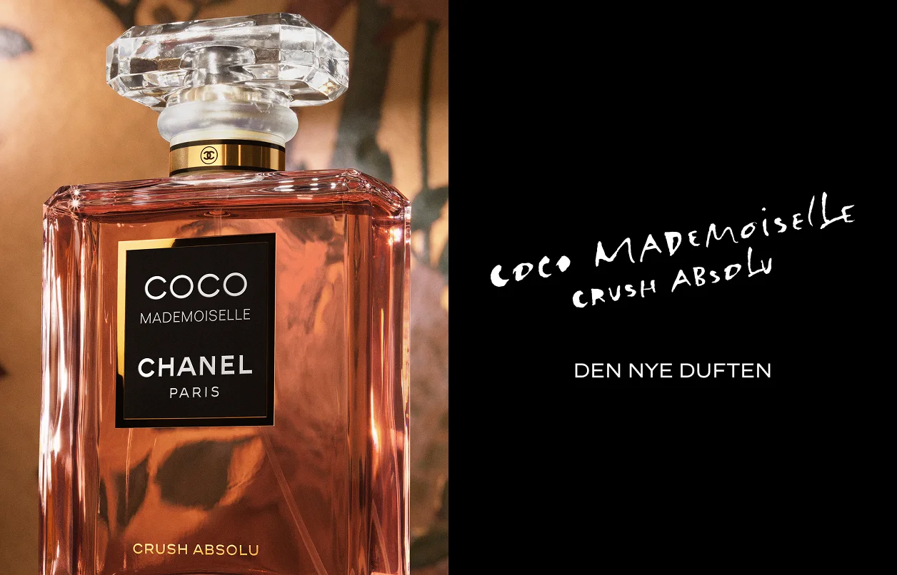 Chanel Coco Mademoiselle Crush Absolu-parfyme. Bildet inneholder tekst om den nye duften.