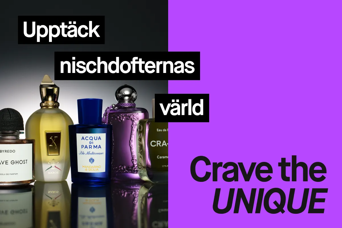 En samling av exklusiva nischparfymer inklusive Byredo Mojave Ghost, Xerjoff Naxos, Acqua di Parma Blu Mediterraneo Mandarino di Sicilia, och CRA-YON Eau de Parfum. Texten "Upptäck nischdofternas värld" och "Crave the UNIQUE" visas på bilden.