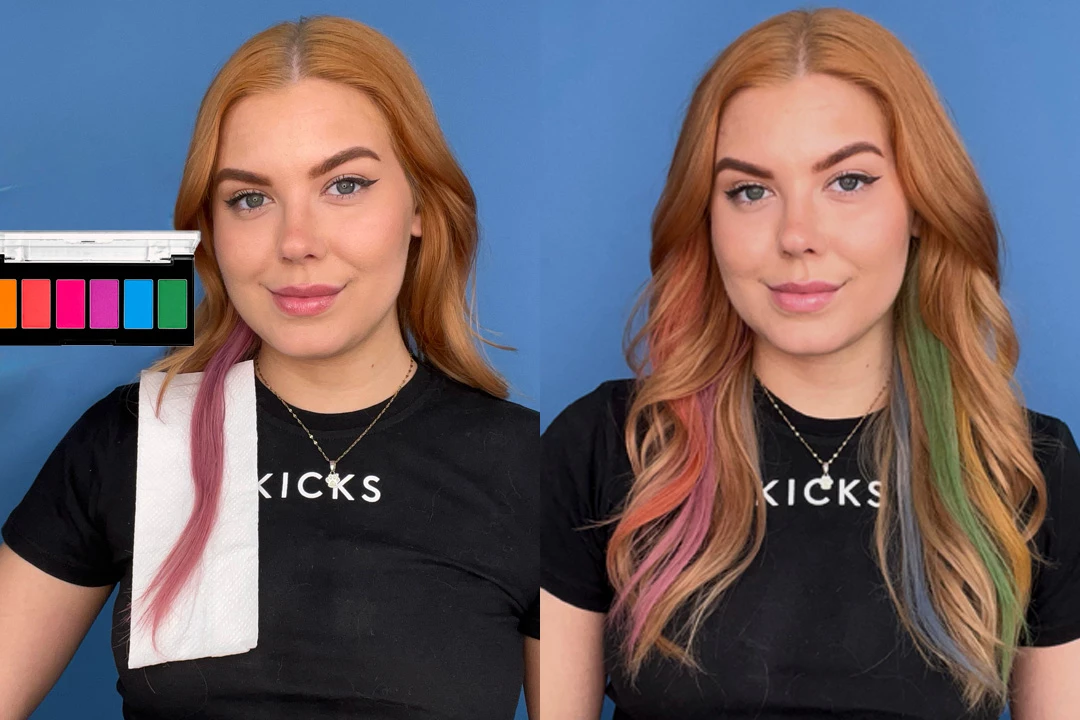 Två bilder placerade sida vid sida. En kvinna med rött hår som har regnbågsslingor, mot en blå bakgrund. I den vänstra bilden syns en färgpalett.