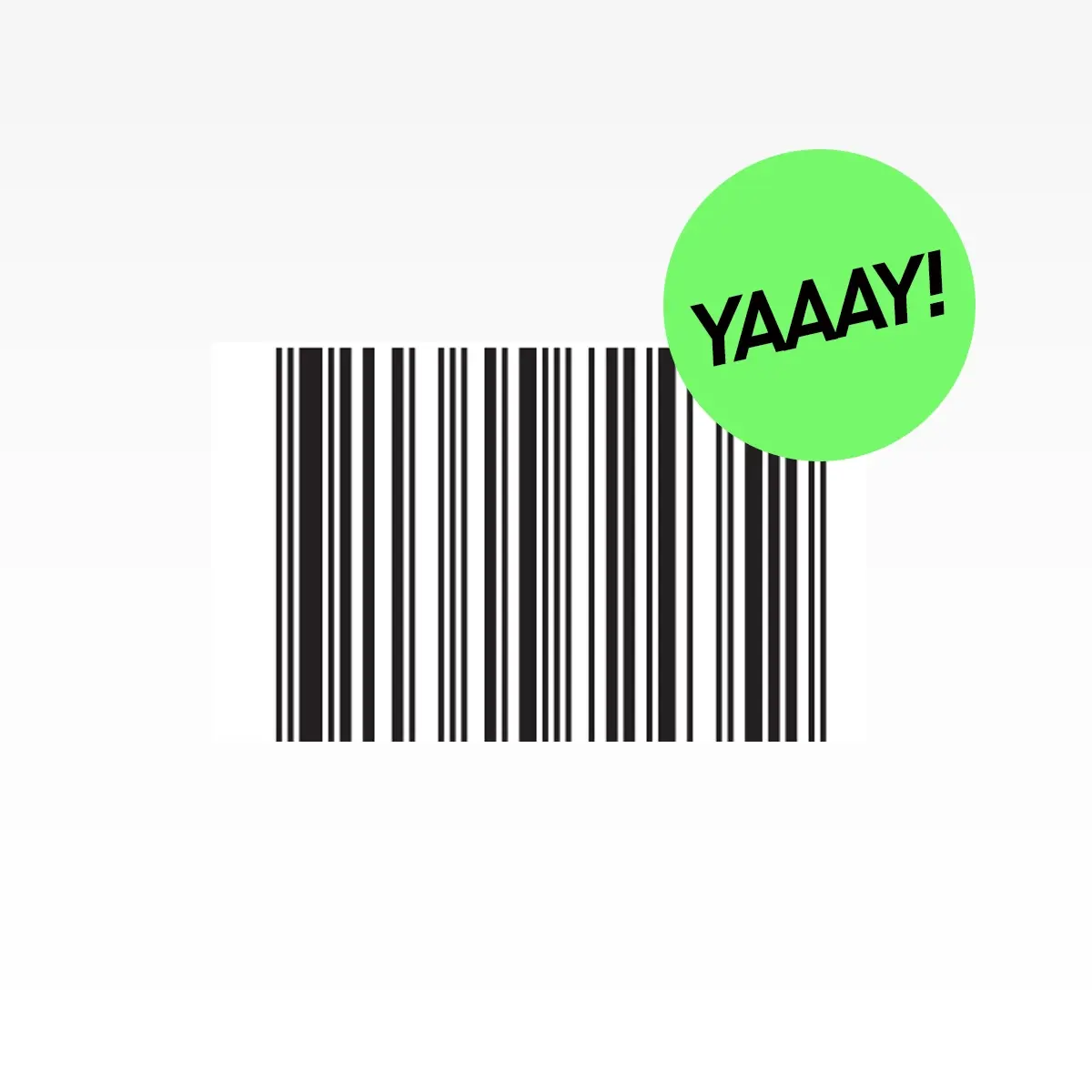 Bilde av en strekkode med en grønn sirkel som har teksten "YAAAY!".