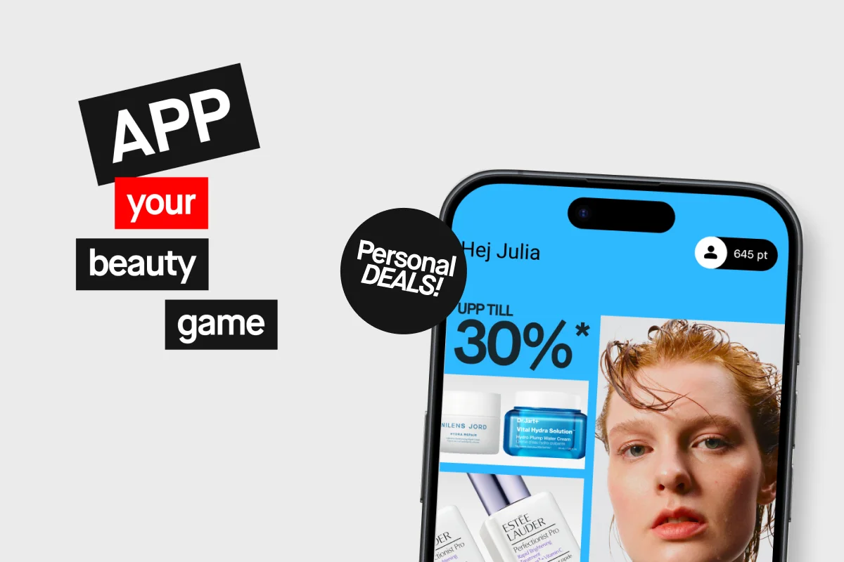 Mobiltelefon visar personliga erbjudanden och Member Deals i KICKS-appen. Bredvid finns en QR-kod till appen.