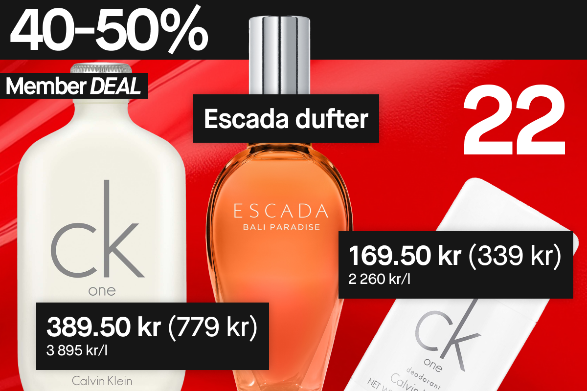 40-50 % rabatt på disse produktene for medlemmer: Calvin Klein CK One parfyme og deodorant samt Escada parfyme.