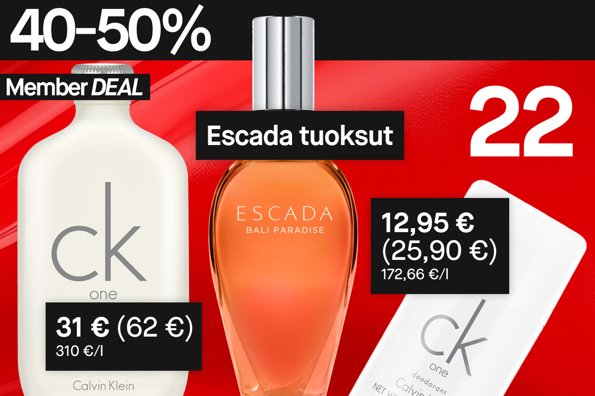 40-50 % alennus näistä tuotteista jäsenille: Calvin Klein CK One tuoksu ja deodorantti sekä Escada tuoksu.