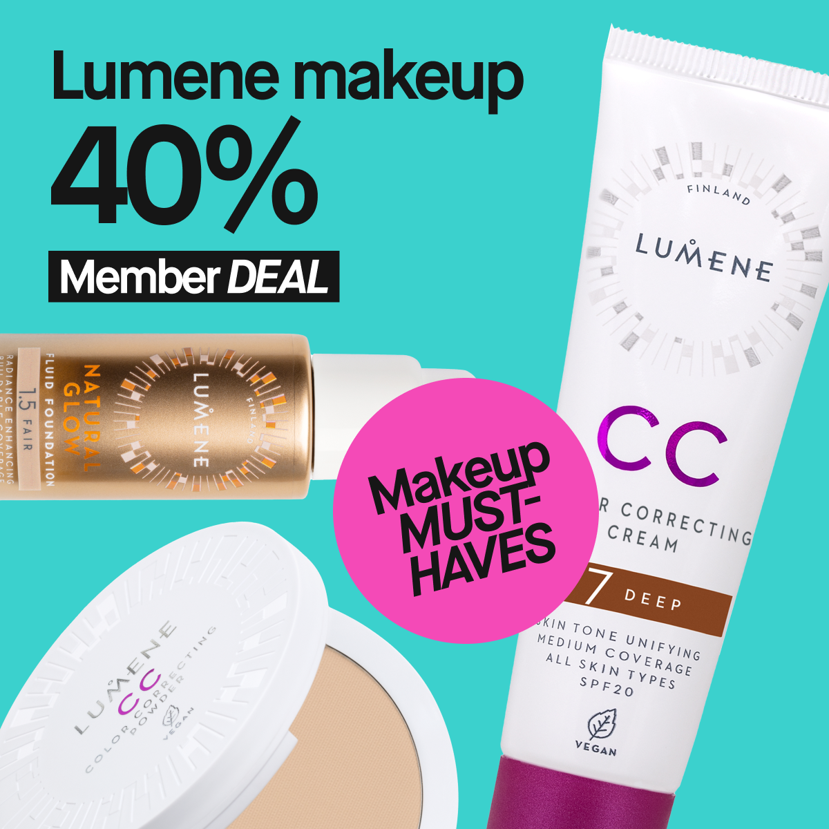  Lumene makeup 40% rabatt, Member Deal. Makeup Must-Haves sticker i rosa