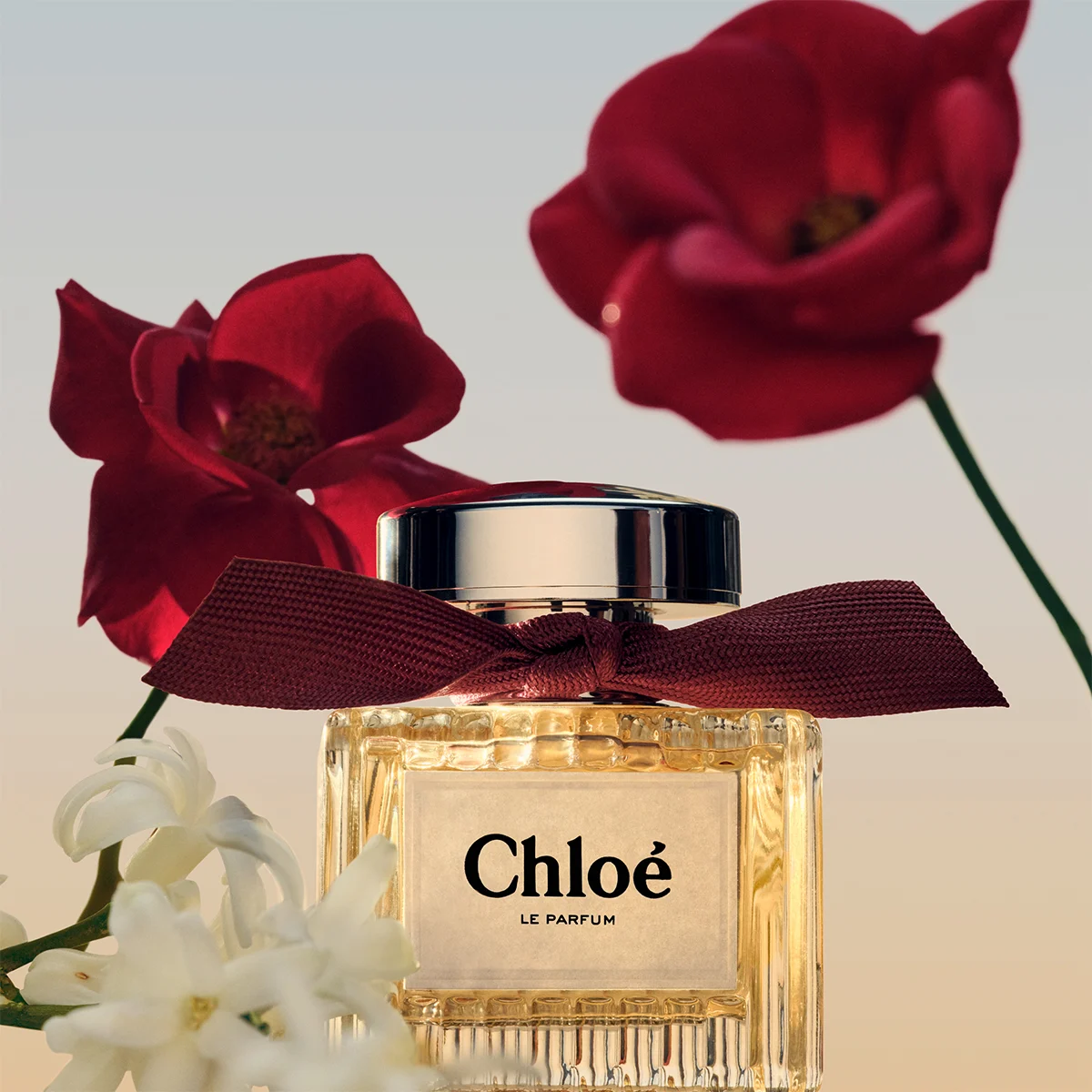 Chloé Le Parfum - Parfymflaska med vinröd rosett. Bakgrunden har röda och vita blommor.