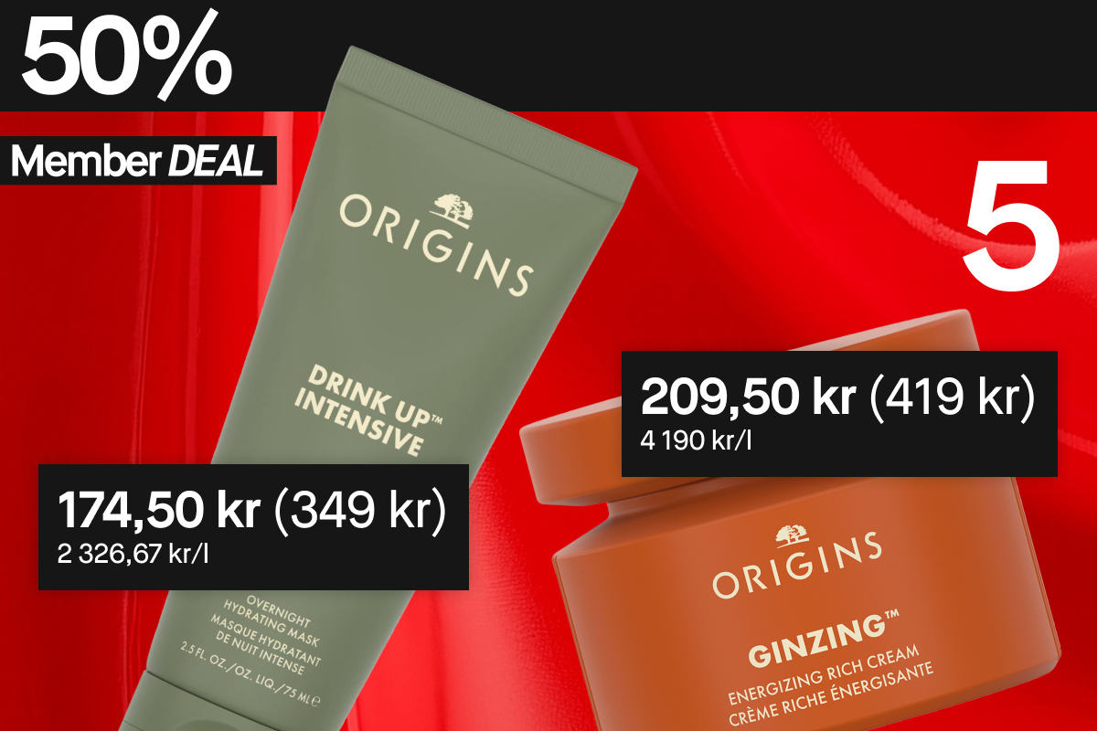 50 % rabatt på disse to Origins-produktene for medlemmer: Drink Up Intensive fuktighetsgivende nattmaske og Ginzing Energizing Rich Cream.
