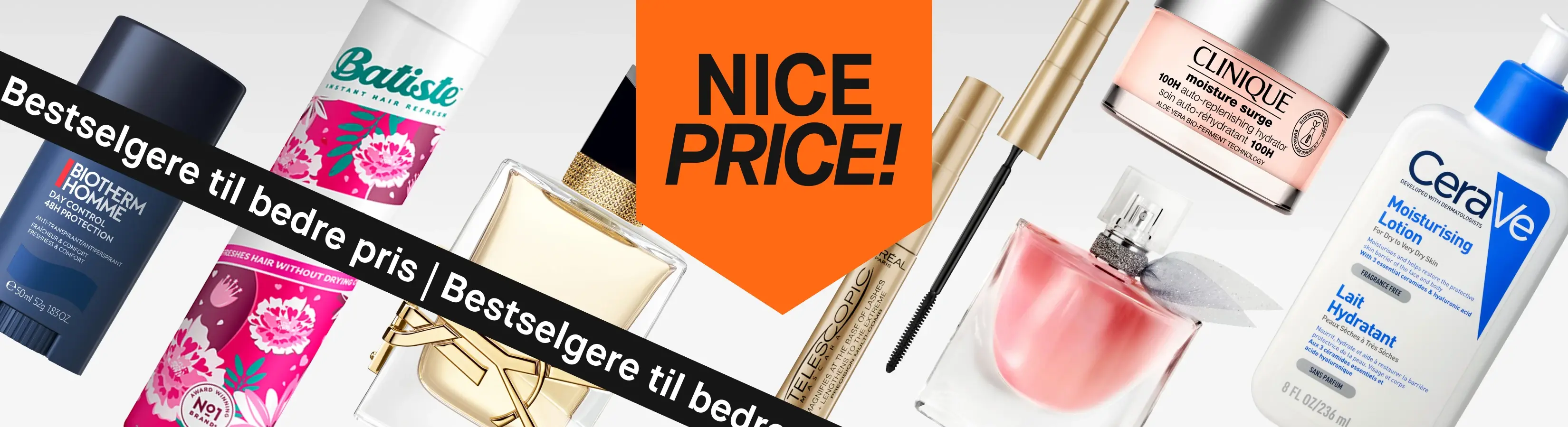 Banner: 'NICE PRICE! Favorittprodukter billigere.' Viser et utvalg av populære skjønnhets- og hudpleieprodukter.