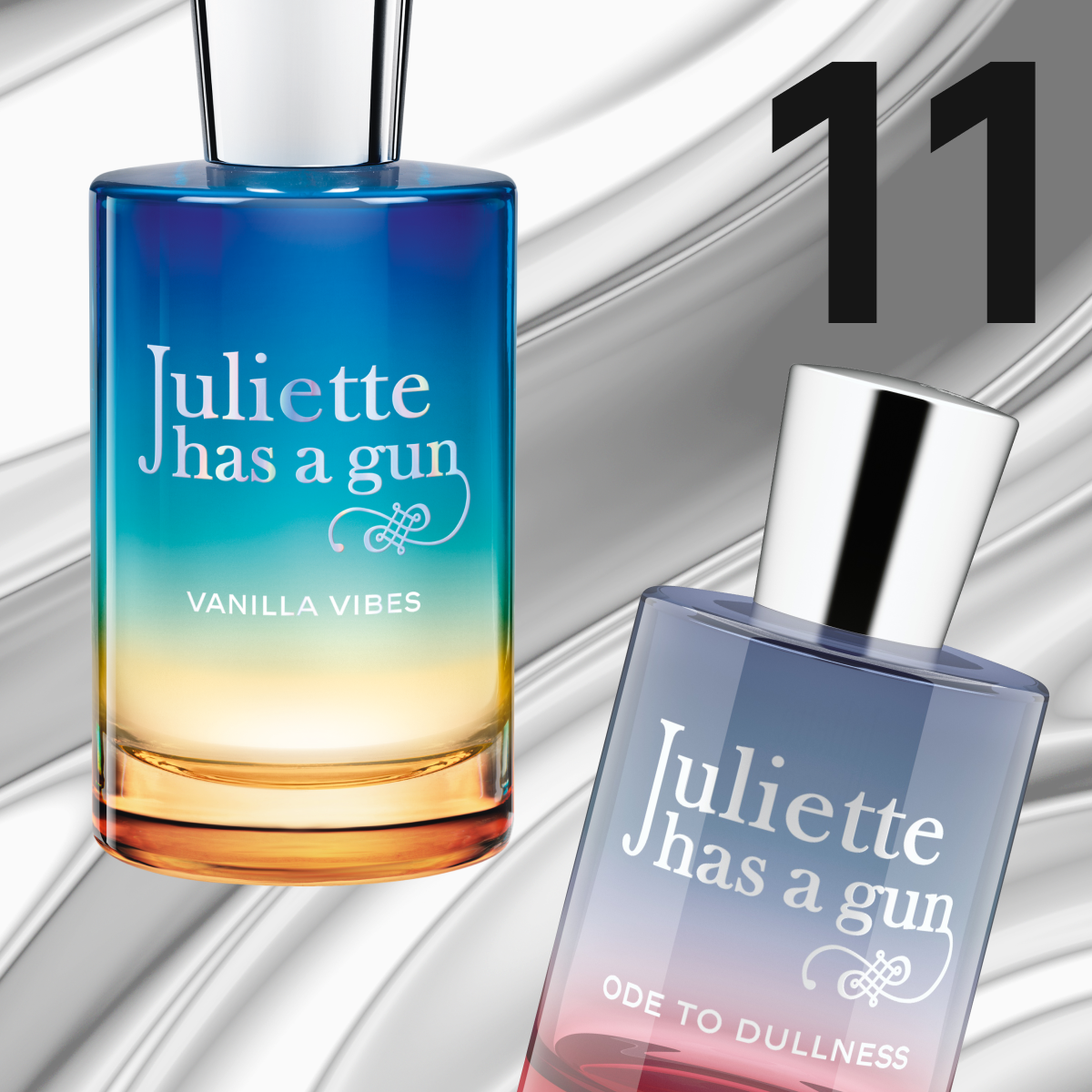 To parfymeflasker fra Juliette Has a Gun i blå og lilla nyanser med sølvfarget kork.