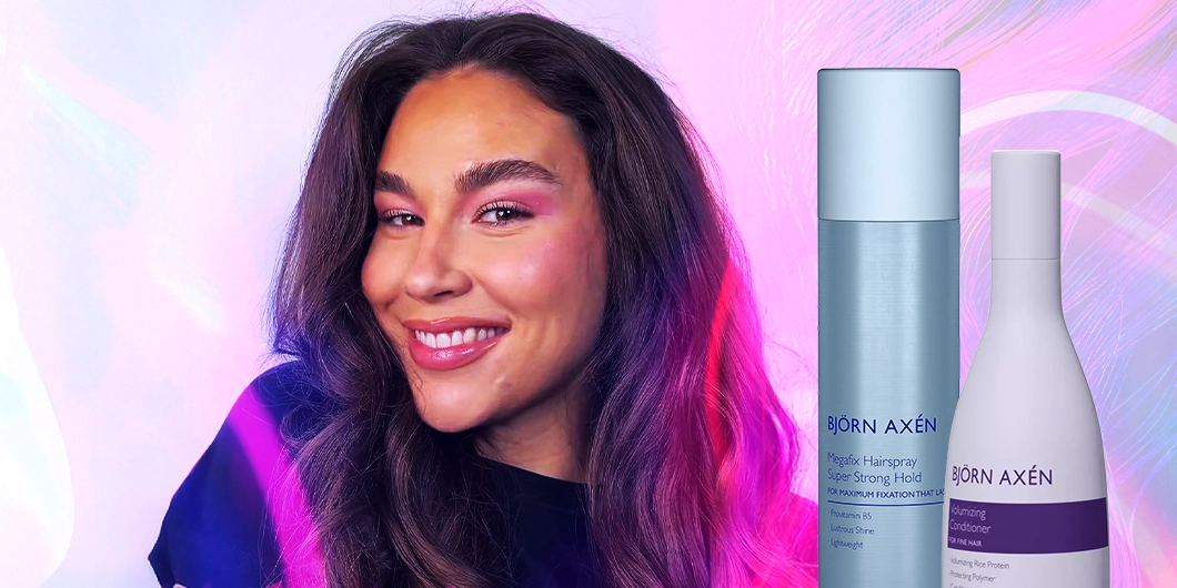 Bild på Björn Axén Megafix Hairspray och Volumizing Conditioner framför en bakgrund med färgglada linjer.