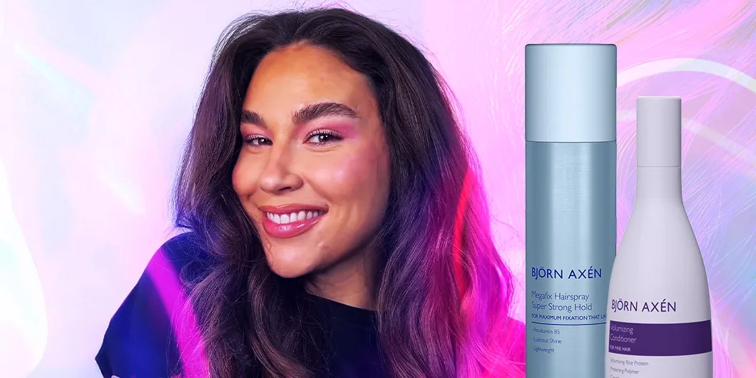 Bild på Björn Axén Megafix Hairspray och Volumizing Conditioner framför en bakgrund med färgglada linjer.
