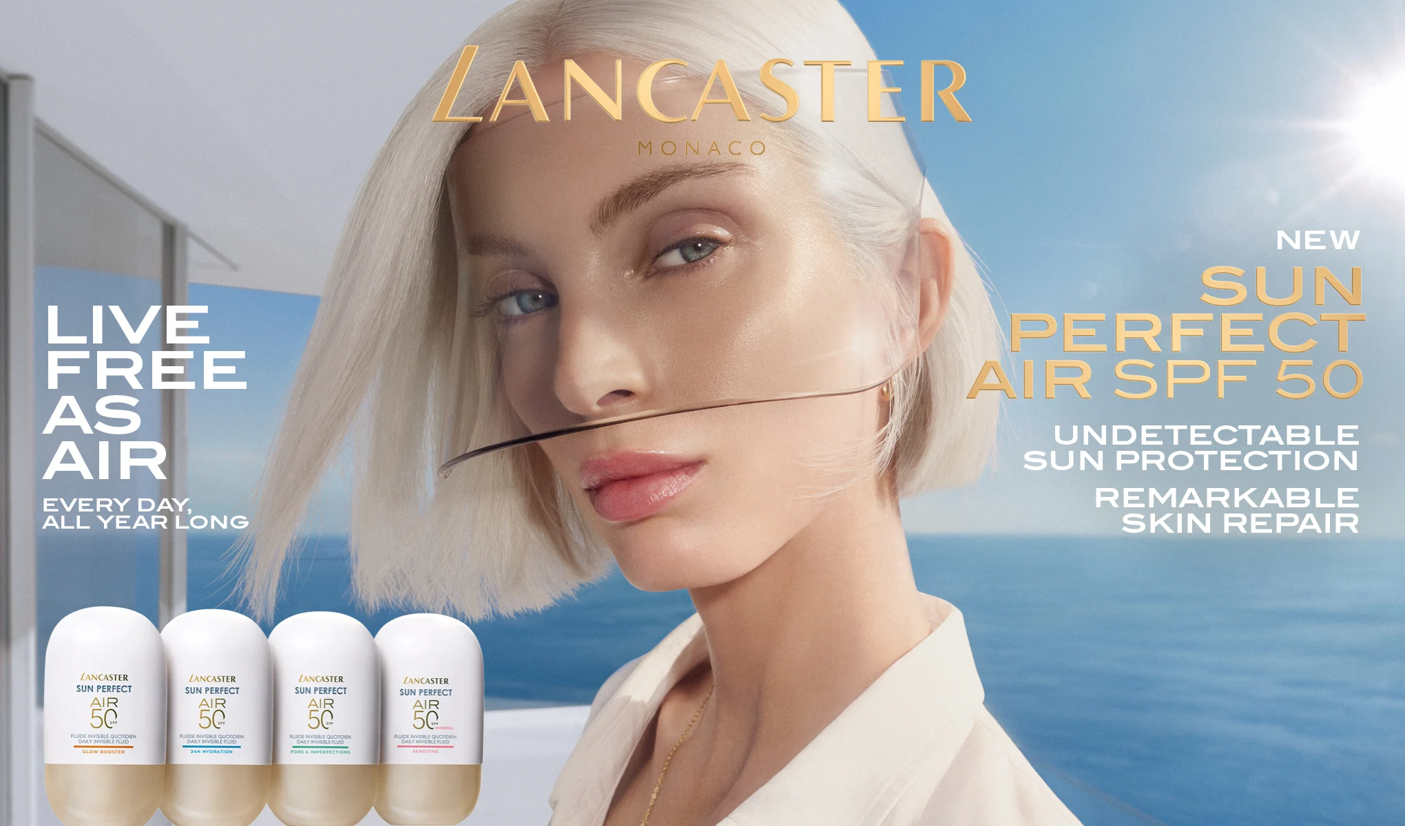 Kampanjbild från Lancaster Monaco med en person framför hav och blå himmel samt fyra solskyddsprodukter “Sun Perfect Air SPF 50”. Text i bilden: “LANCASTER MONACO”, “LIVE FREE AS AIR”, “EVERY DAY, ALL YEAR LONG”, “NEW SUN PERFECT AIR SPF 50”, “UNDETECTABLE SUN PROTECTION” och “REMARKABLE SKIN REPAIR”.