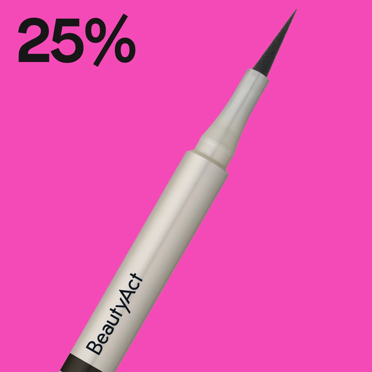 BeautyAct eyeliner med hvit kropp og svart spiss, mot en rosa bakgrunn med teksten "25%" i svart.