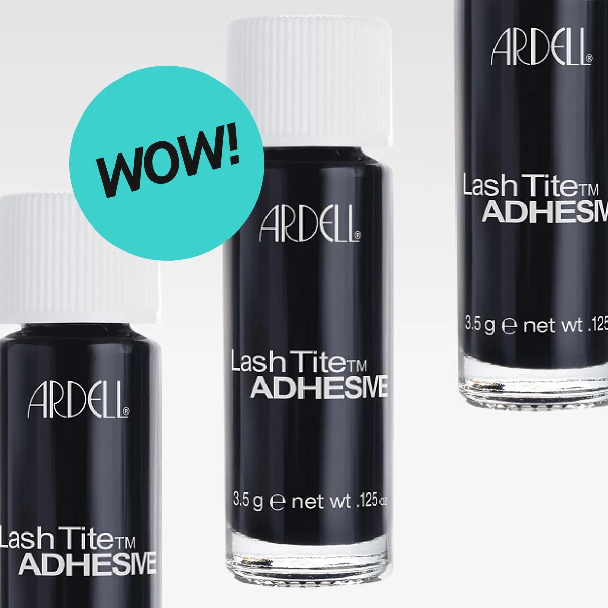 "Kolme Ardell Lash Tite Adhesive -pulloa, tekstit 'WOW!' valkoista taustaa vasten."
