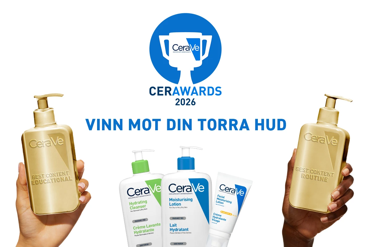 CeraVe-produkter och troféflaskor i händer, med texten “Cerawards 2026 – Vinn mot din torra hud”.