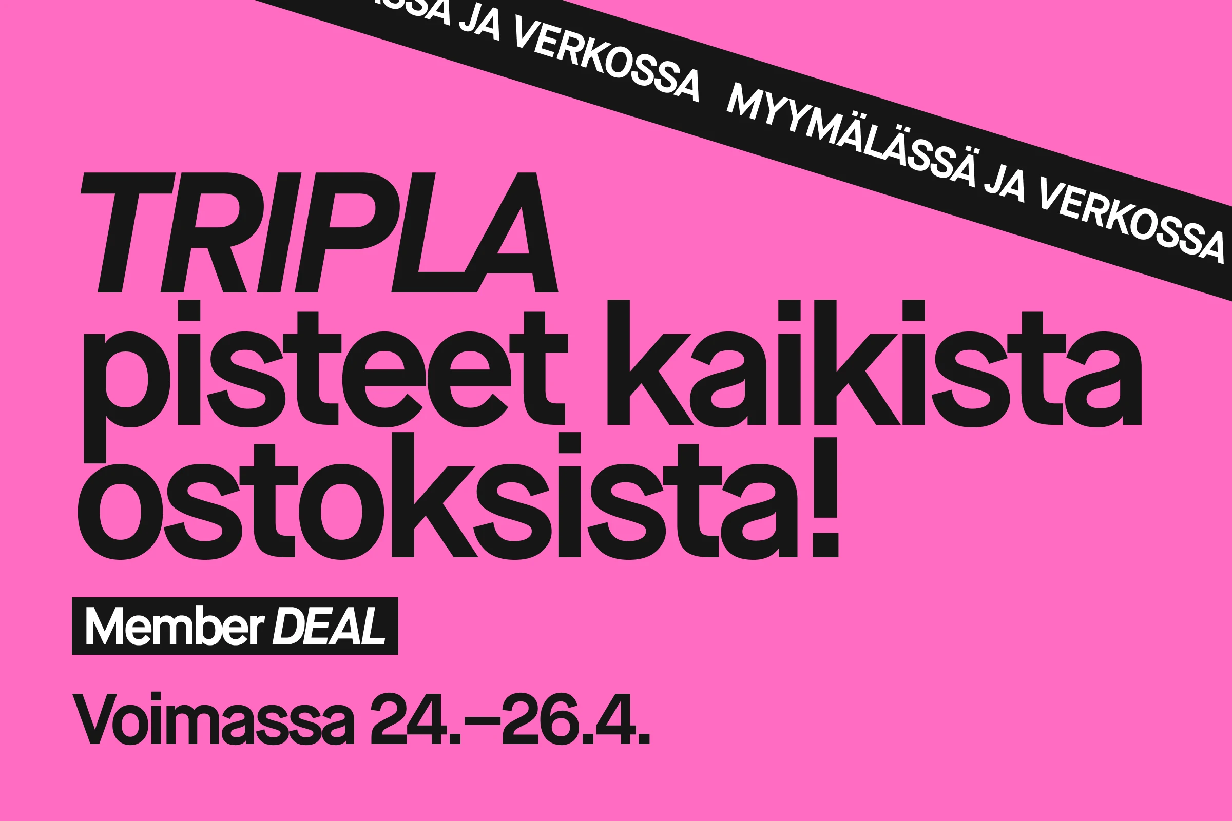 Vaaleanpunainen KICKS Beauty -kampanjakuva, jossa tekstit “TRIPPLA poäng på alla köp!”, “Member DEAL” ja “Gäller 24–26/4”. Musta ympyrä tekstillä “Beauty MAGIC” sekä vinottainen nauha tekstillä “BUTIK & ONLINE!”.