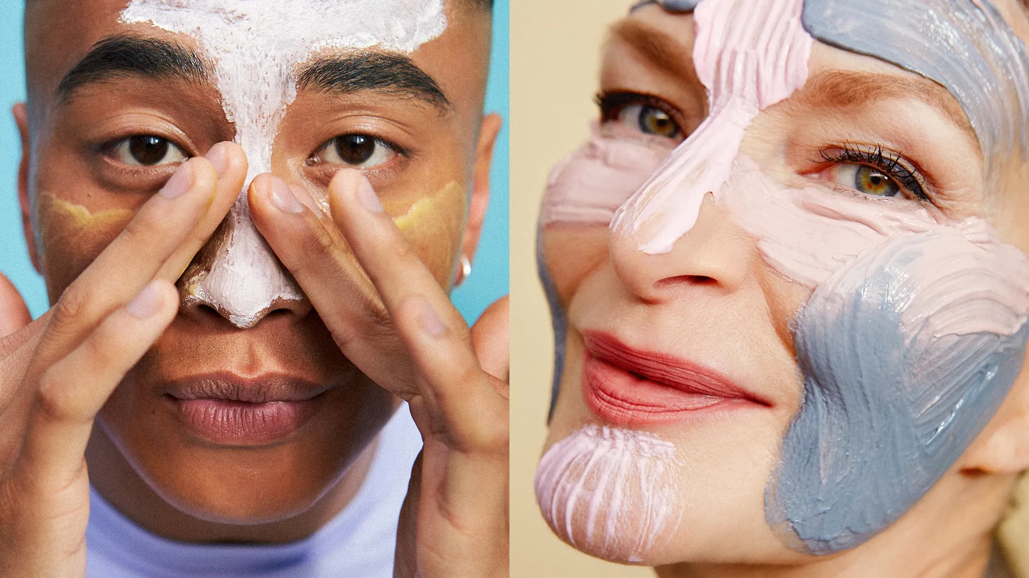 To personer påfører fargerike ansiktsmasker på ulike deler av ansiktet, et tegn på multimasking.