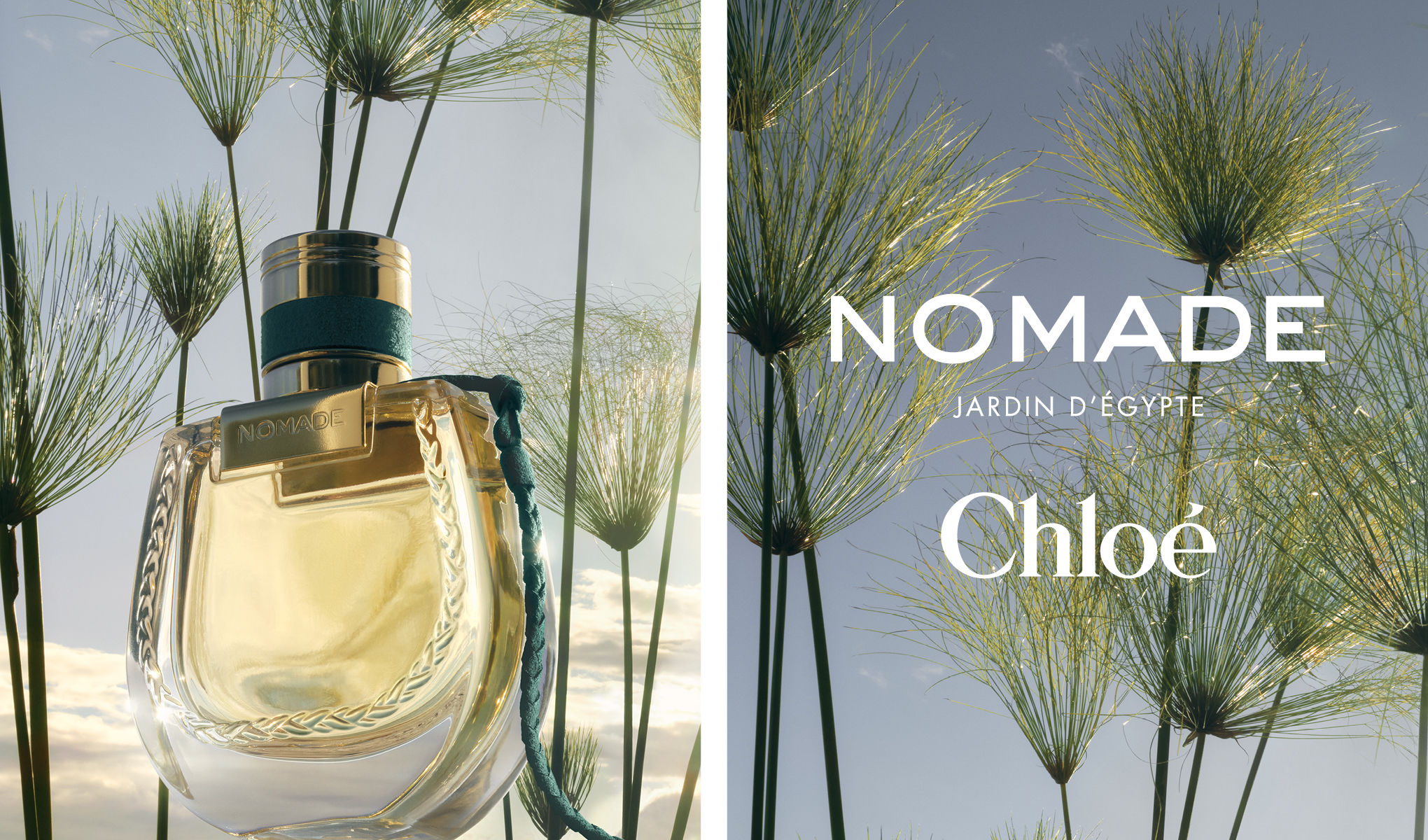 Chloé Nomade Jardin d’Égypte parfymeflaske blant høye planter i sollys; til høyre står teksten «Nomade Jardin d’Égypte Chloé».