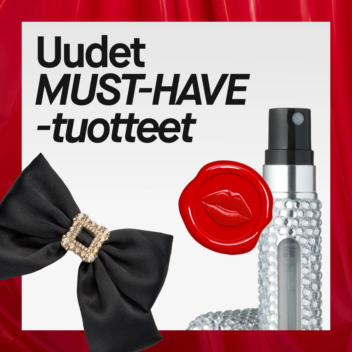 KICKS Beauty -mainos, jossa esitellään uusia juhlakokoelman tuotteita, kuten kynsitarroja, hajustepulloa, huulipunaa ja mustaa rusettia.