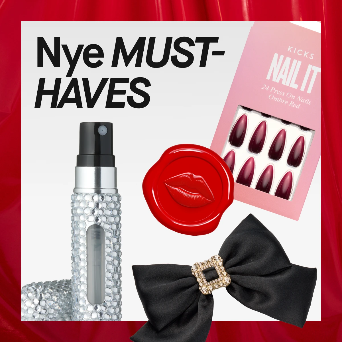 KICKS Beauty-reklame som viser frem nye produkter fra festkolleksjonen, inkludert press-on negler, parfymeflaske, rød vokssegl og svart sløyfe.