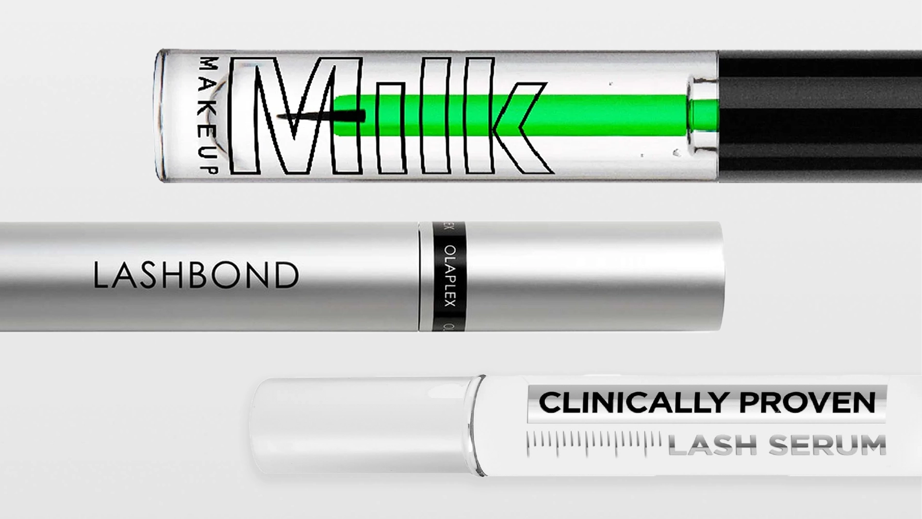 Lähikuva ripsiseerumista ja ripsiväristä merkeiltä Olaplex ja Milk Makeup; pakkauksissa tekstit "Milk Makeup", "LASHBOND", "OLAPLEX" ja "CLINICALLY PROVEN LASH SERUM" läpinäkyvässä ja valkoisessa designissa.