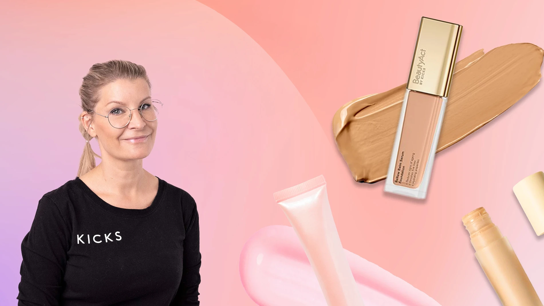 Meikkitaiteilija Åsa vaaleanpunaisen sävyistä taustaa vasten ja pari ihonhoitotuotetta kollaasimuodossa.