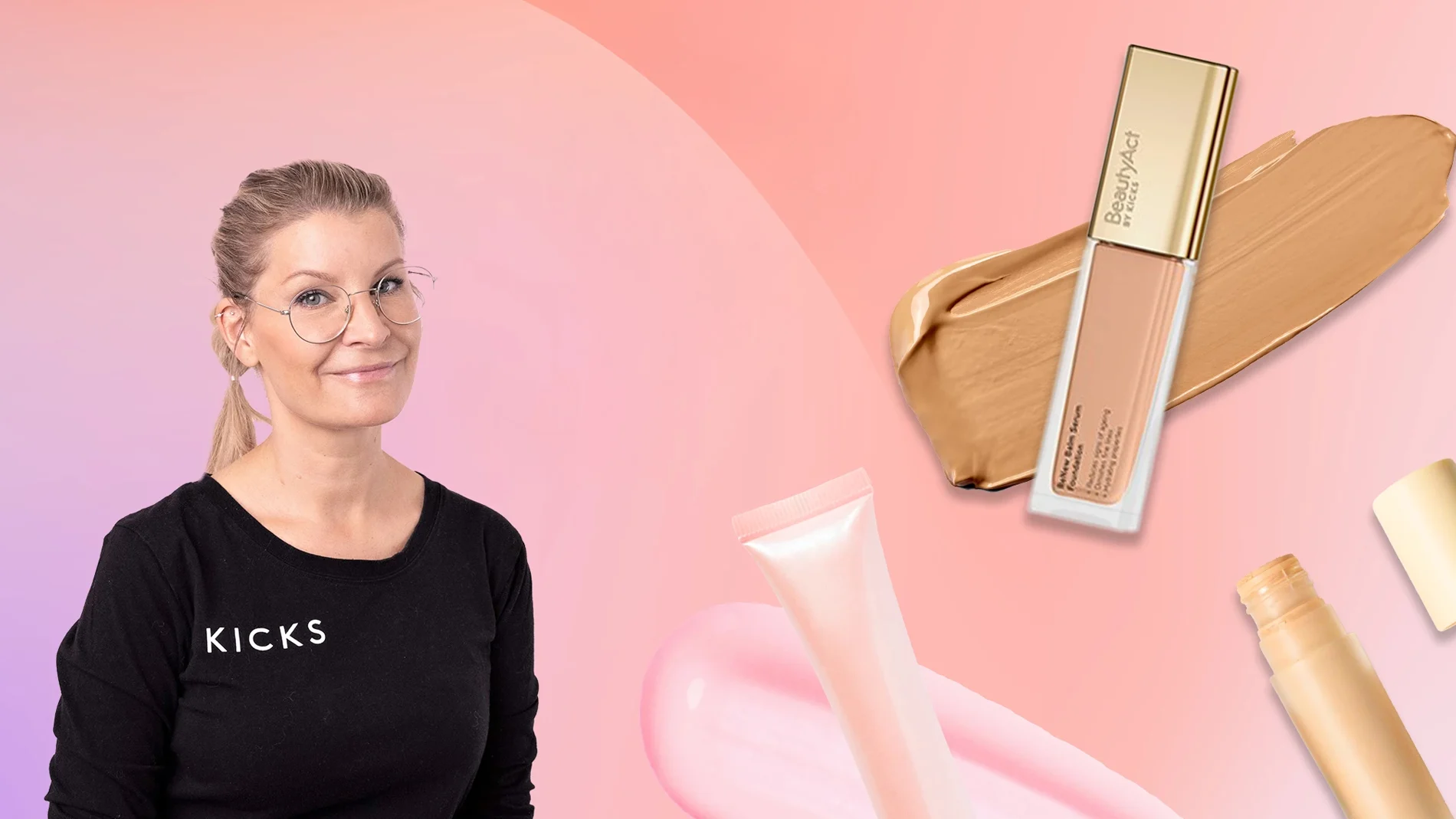 Meikkitaiteilija Åsa vaaleanpunaisen sävyistä taustaa vasten ja pari ihonhoitotuotetta kollaasimuodossa.