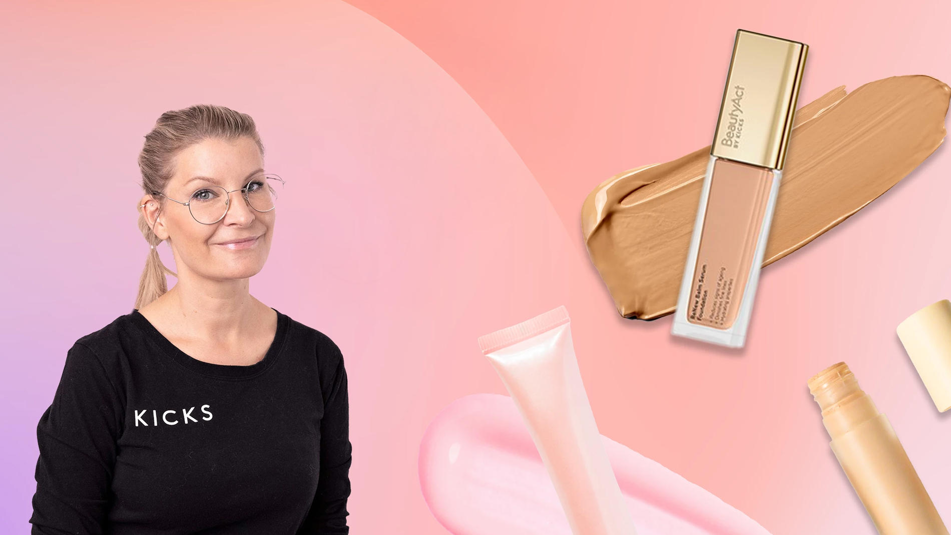 Makeupartist Åsa mot rosa tonad bakgrund och ett par hudvårdsprodukter i collageform.
