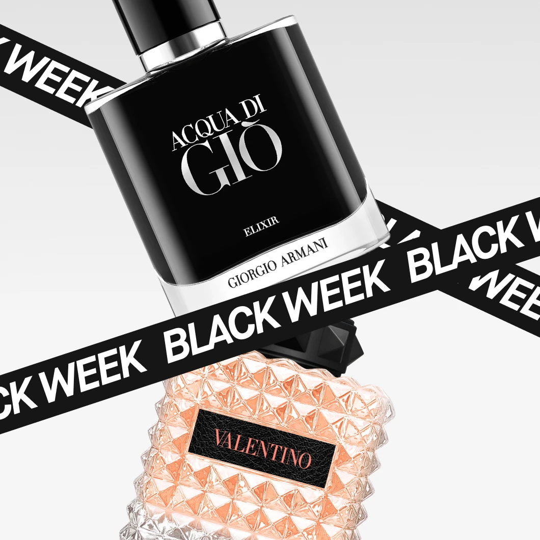Kaikki hajusteet ovat 25% alennuksessa jäsenille Black Week -tarjouksena. Kuvassa näkyy Acqua di Giò ja Valentino hajuvesipulloja.