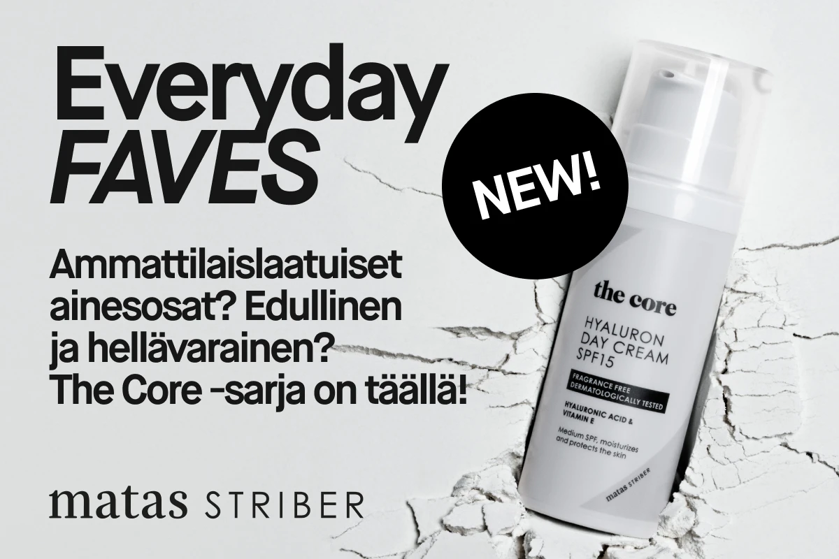Kuva, jossa näkyy uusi ihonhoitotuote Matas Striberilta. Tuote on The Core Hyaluronic Day Cream SPF15, valkoinen pullo päivävoidetta, joka sisältää hyaluronihappoa ja E-vitamiinia