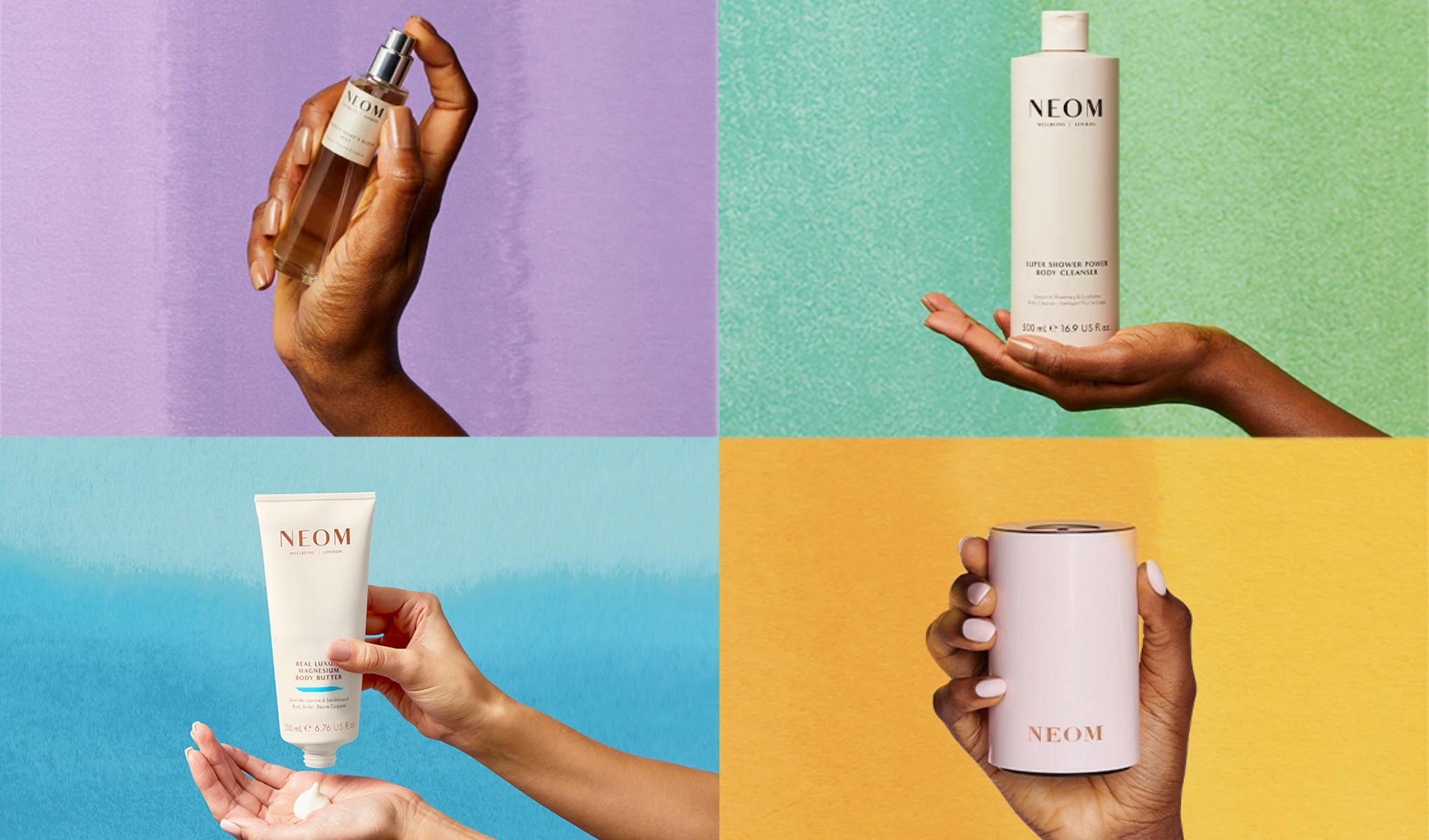 Neljä NEOM-tuotetta on esillä värikkäissä ruuduissa: käsi pitelee suihkepulloa “NEOM Wellbeing London”, pullo “Super Shower Power Body Cleanser 500 ml e 16.9 US fl oz”, tuubi “Real Luxury Magnesium Body Butter 200 ml e 6.76 US fl oz” jota levitetään kädelle sekä pyöreä laite merkinnällä “NEOM”. Tuotteet on kuvattu lähietäisyydeltä keskittyen vartalonhoitoon, tuoksuihin ja hyvinvointiin.