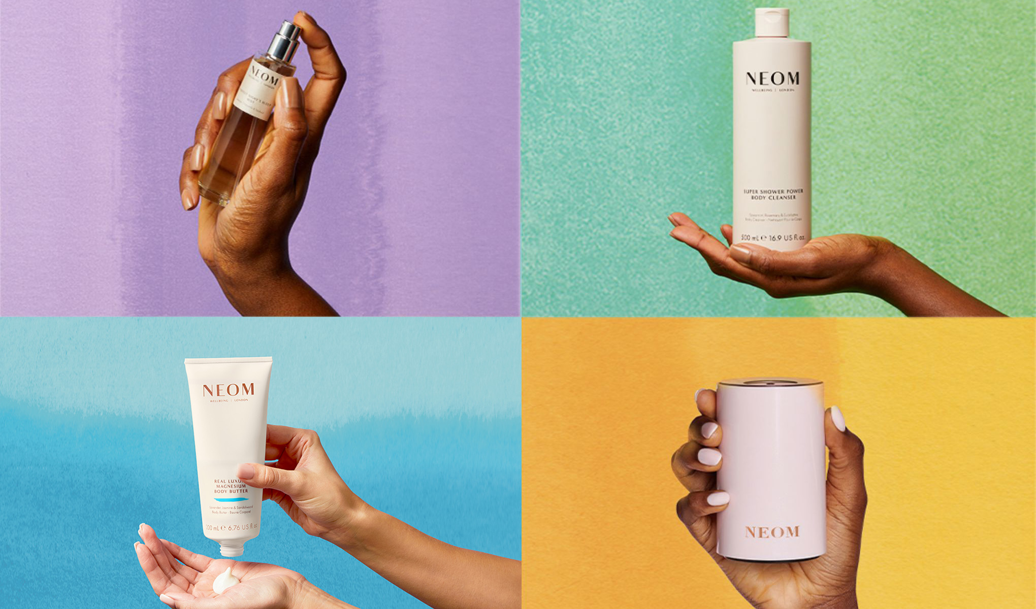 Fyra NEOM-produkter visas i ett rutnät mot färgstarka bakgrunder: en hand håller en sprayflaska märkt “NEOM Wellbeing London”, en flaska “Super Shower Power Body Cleanser 500 ml e 16.9 US fl oz”, en tub “Real Luxury Magnesium Body Butter 200 ml e 6.76 US fl oz” som appliceras i handen samt en rund enhet märkt “NEOM”. Produkterna presenteras i närbild med fokus på kroppsvård, doft och wellness.