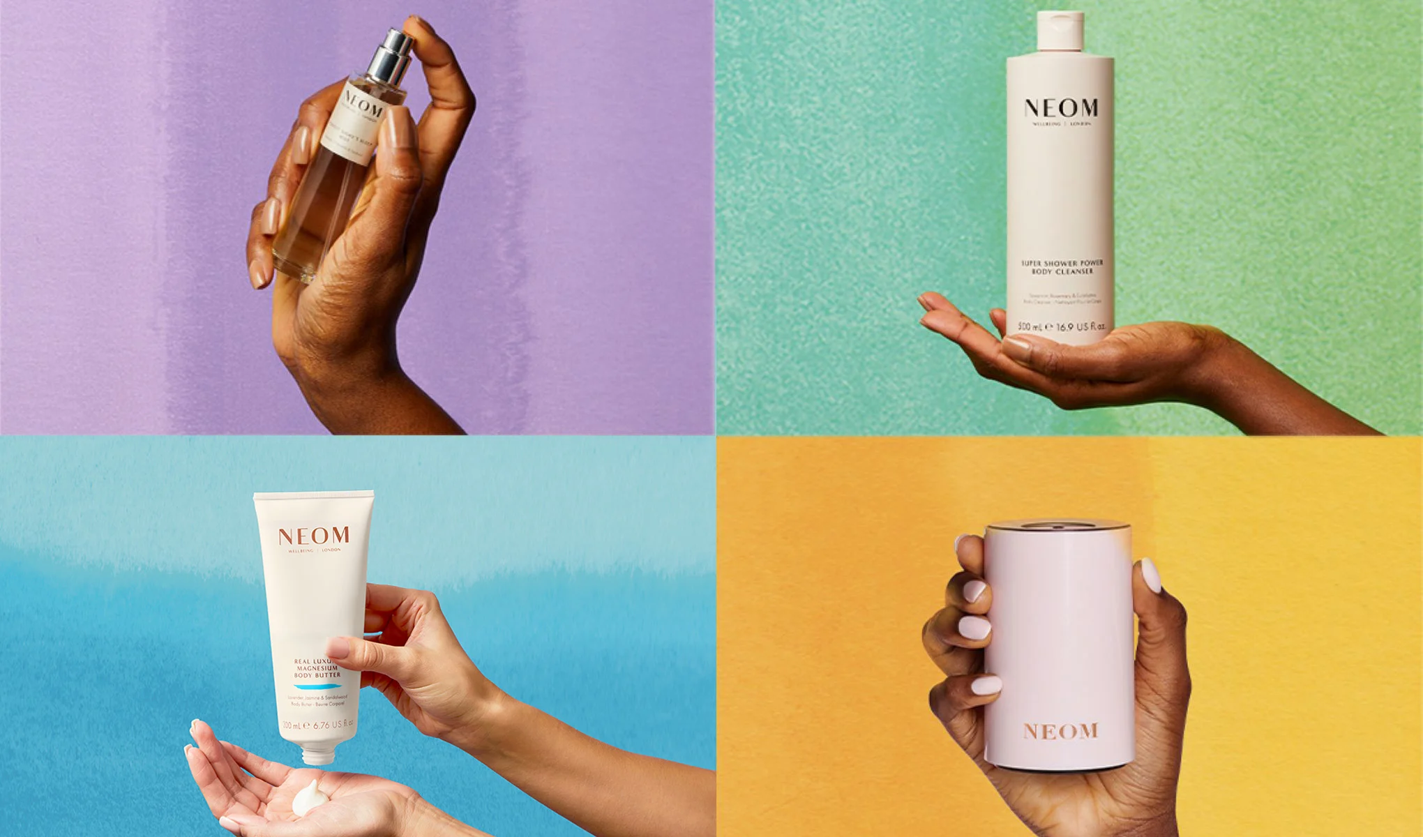 Fyra NEOM-produkter visas i ett rutnät mot färgstarka bakgrunder: en hand håller en sprayflaska märkt “NEOM Wellbeing London”, en flaska “Super Shower Power Body Cleanser 500 ml e 16.9 US fl oz”, en tub “Real Luxury Magnesium Body Butter 200 ml e 6.76 US fl oz” som appliceras i handen samt en rund enhet märkt “NEOM”. Produkterna presenteras i närbild med fokus på kroppsvård, doft och wellness.