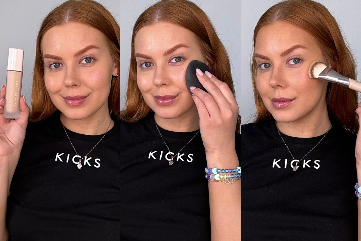 Tre bilder på en person med långt rött hår mot en grå bakgrund. På första bilden håller hon upp en flaska med texten "FENTY BEAUTY", på andra bilden sminkar hon sig med en sminksvamp, och på tredje bilden sminkar hon sig med en sminkborste.