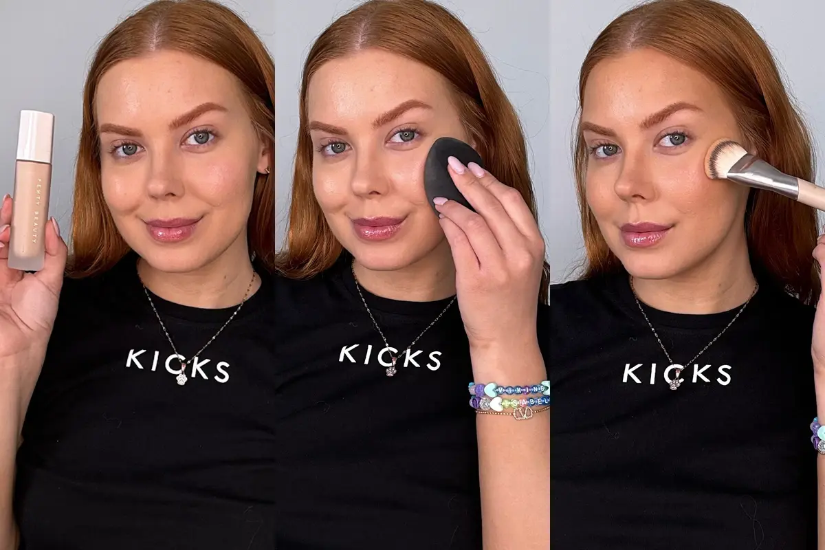 Tre bilder på en person med långt rött hår mot en grå bakgrund. På första bilden håller hon upp en flaska med texten "FENTY BEAUTY", på andra bilden sminkar hon sig med en sminksvamp, och på tredje bilden sminkar hon sig med en sminkborste.