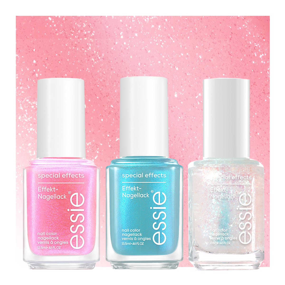 Tre Essie-neglelakkflasker mot glitter-rosa bakgrunn. Fra venstre til høyre: rosa, blå og klar glitter-neglelakk. Flaskene har påskriften "special effects".