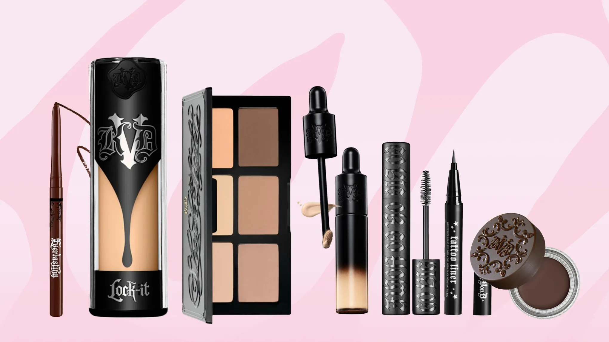 Sminkprodukter från KVD Beauty – eyelinerpenna, foundation, contourpalett, concealer, två mascaror och en flytande eyeliner på rosa bakgrund.